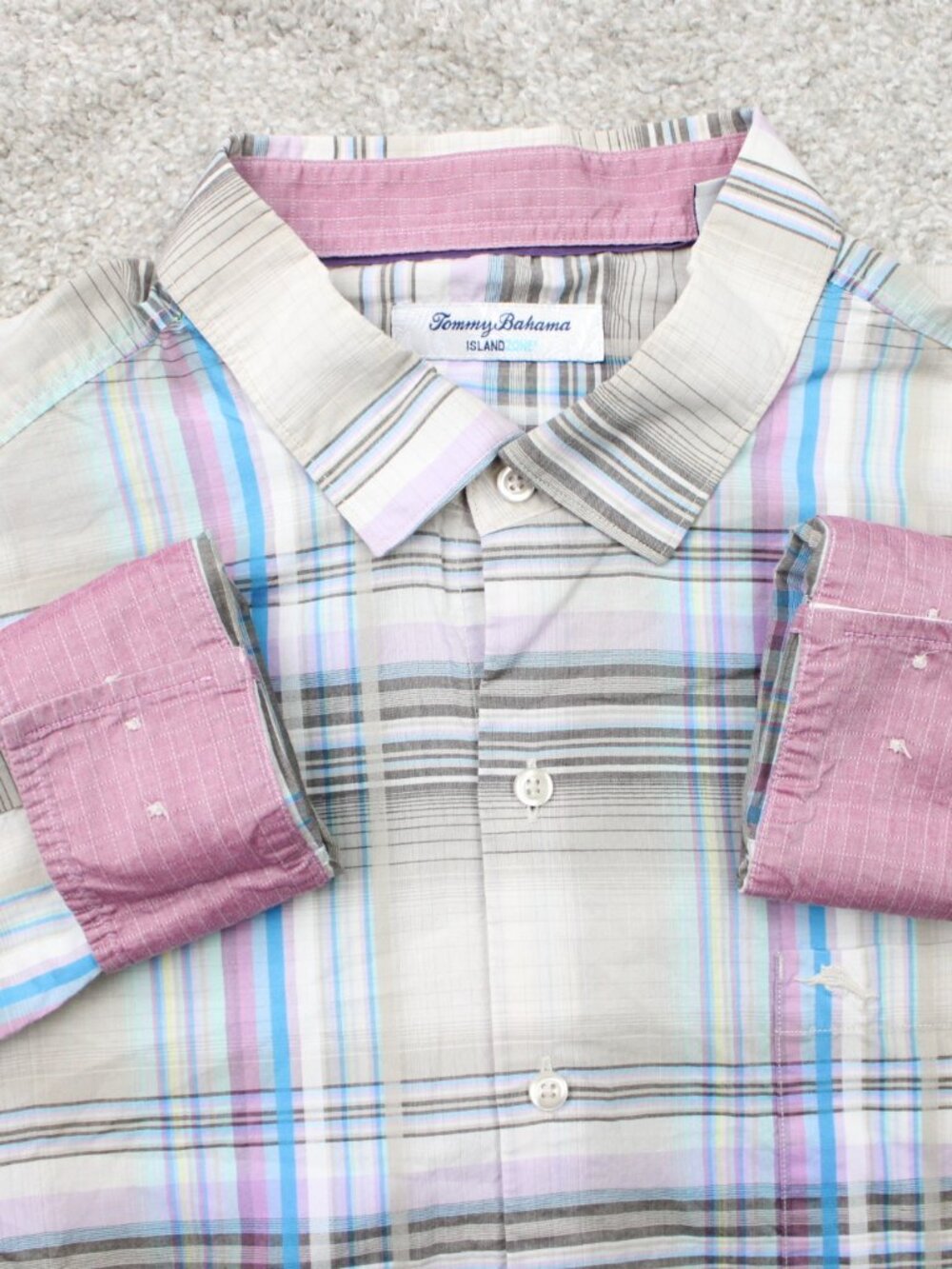 Tommy Bahama Shirt Men XL Gray/Pink Island Zone Flip Cuff Pima Cotton L/S Button